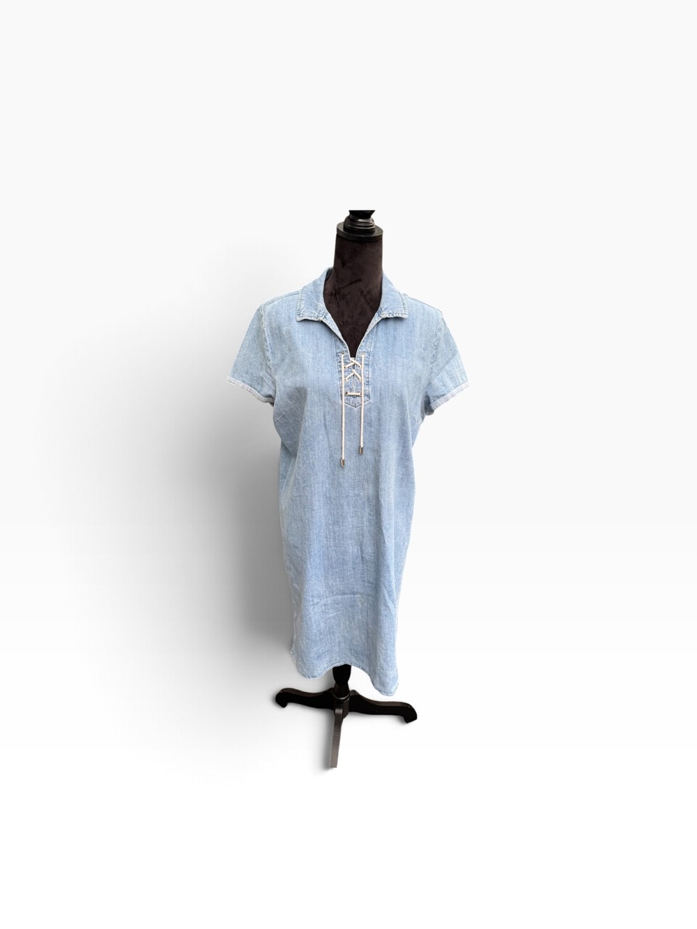 Chico’s Light Blue Short Sleeve Dress Lace Up Neckline Metal Tipped Drawstring